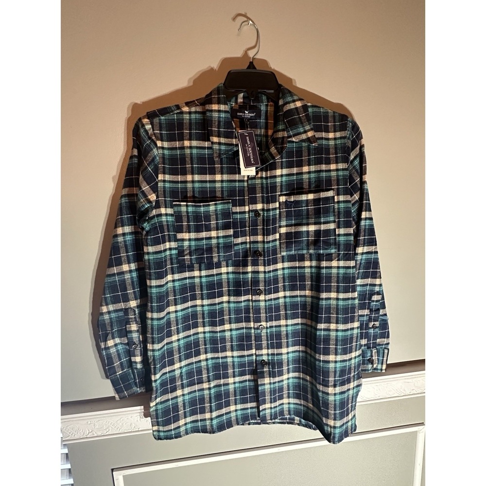 Simply Southern Size Small Navy And Teal Plaid Flannel‎ NWT